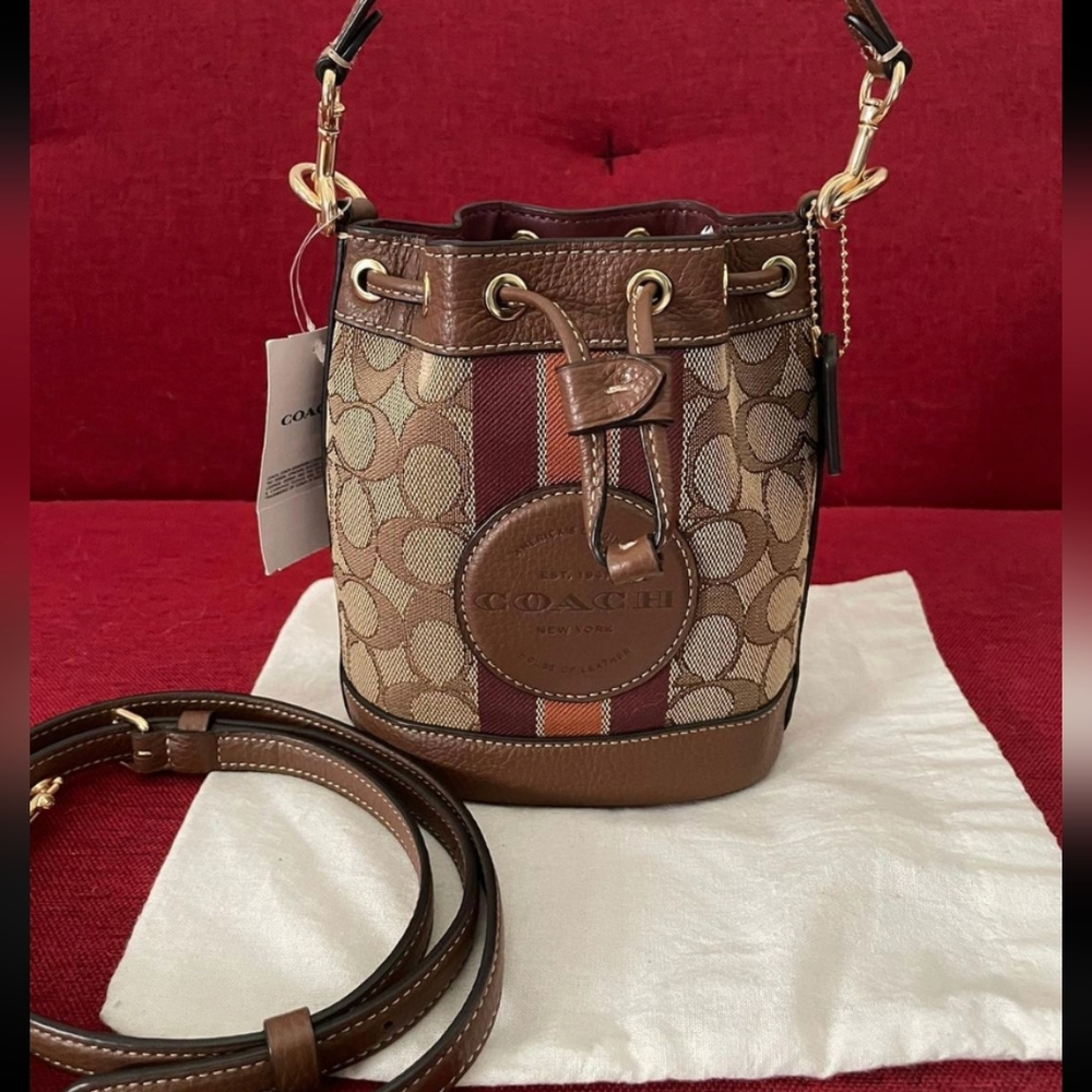 Coach Mini Dempsey Patch Bucket Bag Signature Jacquard Khaki/Saddle C8322 - Picture 5 of 6